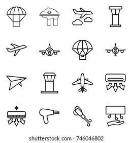 thin line icon set : parachute, factory filter, journey, airport tower, plane, delivery, deltaplane, airplane, air conditioning, hair dryer, blower, hand