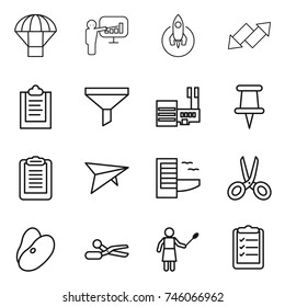 thin line icon set : parachute, presentation, rocket, up down arrow, clipboard, funnel, mall, pin, deltaplane, hotel, scissors, beans, woman with duster, list