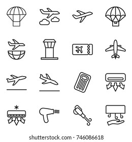 thin line icon set : parachute, journey, plane, delivery, shipping, airport tower, ticket, airplane, departure, arrival, inflatable mattress, air conditioning, hair dryer, blower, hand