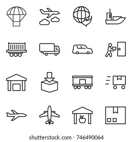 thin line icon set : parachute, journey, delivery, sea shipping, truck, car, courier, warehouse, package, railroad, fast deliver, plane, airplane