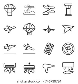 thin line icon set : parachute, weather management, journey, airport tower, plane, delivery, deltaplane, departure, arrival, inflatable mattress, cooler fan, air conditioning, hair dryer, hand