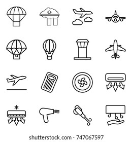 thin line icon set : parachute, factory filter, journey, plane, delivery, air ballon, airport tower, airplane, departure, inflatable mattress, cooler fan, conditioning, hair dryer, blower, hand