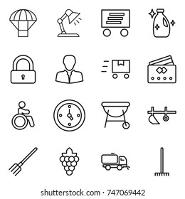 thin line icon set : parachute, table lamp, delivery, cleanser, lock, client, fast deliver, credit card, invalid, watch, bbq, plow, fork, grape, sweeper, rake