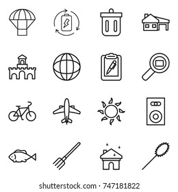 thin line icon set : parachute, battery charge, bin, house with garage, fort, globe, clipboard pen, cargo search, bike, airplane, sun, speaker, fish, fork, cleaning, duster