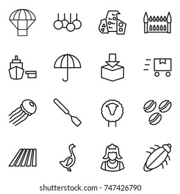 thin line icon set : parachute, sale, modern architecture, gothic, port, dry cargo, package, fast deliver, jellyfish, spatula, sheep, coffee seeds, field, goose, cleaner, bug