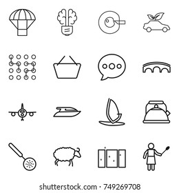 thin line icon set : parachute, bulb brain, cell corection, eco car, chip, basket, balloon, bridge, plane, yacht, windsurfing, kettle, skimmer, sheep, clean window, woman with duster