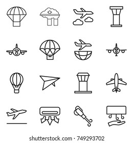 thin line icon set : parachute, factory filter, journey, airport tower, plane, delivery, shipping, air ballon, deltaplane, airplane, departure, conditioning, blower, hand dryer