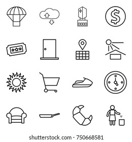 thin line icon set : parachute, cloude service, crystall memory, dollar coin, ticket, door, map, sun potection, cart, jet ski, watch, armchair, pan, croissant, garbage bin