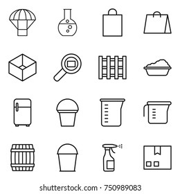 thin line icon set : parachute, round flask, shopping bag, box, cargo search, pallet, washing, fridge, bucket, measuring cup, barrel, sprayer, package
