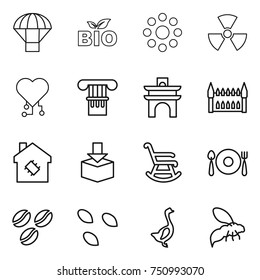 thin line icon set : parachute, bio, round around, nuclear, cardio chip, column, arch, gothic architecture, smart house, package, rocking chair, fork spoon plate, coffee seeds, goose, wasp