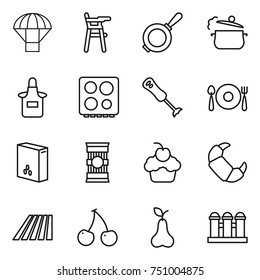 thin line icon set : parachute, Chair for babies, pan, steam, apron, hob, blender, fork spoon plate, cereals, pasta, cupcake, croissant, field, cherry, pear, grain elevator
