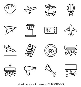 thin line icon set : parachute, plane, shipping, air ballon, deltaplane, airport tower, ticket, airplane, arrival, inflatable mattress, cooler fan, conditioning, hair dryer, blower, hand
