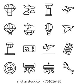 thin line icon set : parachute, journey, airport tower, plane, delivery, shipping, air ballon, deltaplane, ticket, departure, inflatable mattress, cooler fan, conditioning, blower