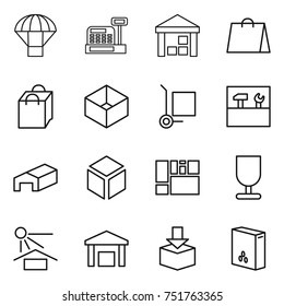 thin line icon set : parachute, cashbox, warehouse, shopping bag, box, cargo stoller, tools, 3d, consolidated, fragile, sun potection, package, cereals