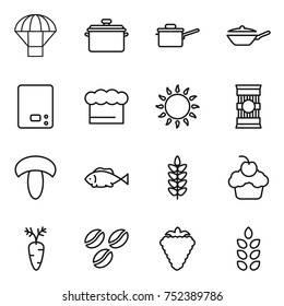 thin line icon set : parachute, pan, saute, kitchen scales, chief hat, gas oven, pasta, mushroom, fish, spikelets, cupcake, carrot, coffee seeds, berry