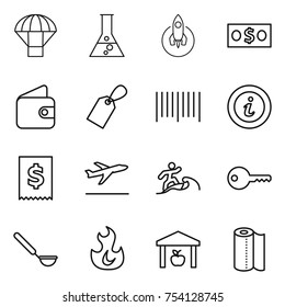 thin line icon set : parachute, flask, rocket, money, wallet, label, bar code, info, tax, departure, surfer, key, ladle, fire, warehouse, paper towel