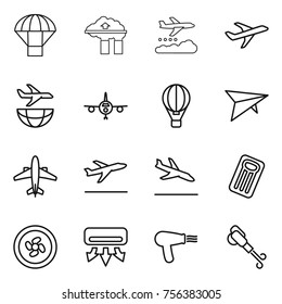 Thin line icon set : parachute, factory filter, weather management, plane, shipping, air ballon, deltaplane, airplane, departure, arrival, inflatable mattress, cooler fan, conditioning, hair dryer
