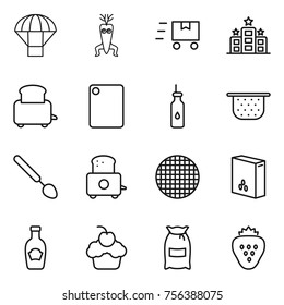 Thin line icon set : parachute, dna modify, fast deliver, hotel, toaster, cutting board, vegetable oil, colander, big spoon, sieve, cereals, ketchup, cupcake, flour, strawberry