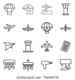 Thin line icon set : parachute, factory filter, weather management, airport tower, plane, delivery, deltaplane, airplane, inflatable mattress, air conditioning, hair dryer, hand
