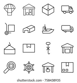 Thin line icon set : parachute, warehouse, box, delivery, cargo stoller, sea shipping, loading crane, package, do not hook sign, search, handwheel