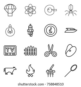 Thin line icon set : parachute, atom, cell corection, virus, rocket, spark plug, info, yacht, tv, fence, scissors, beans, cow, fire, vacuum cleaner, duster