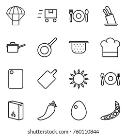Thin line icon set : parachute, fast deliver, cafe, stands for knives, saute pan, colander, cook hat, cutting board, gas oven, fork spoon plate, cereals, hot pepper, egg, peas