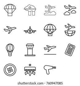 Thin line icon set : parachute, factory filter, weather management, journey, plane, delivery, shipping, air ballon, airport tower, departure, inflatable mattress, cooler fan, conditioning