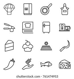 Thin line icon set : parachute, fridge, pan, apron, garlic clasp, cooking book, food processor, cake, cupcake, field, sickle, hot pepper, harvest, fish, cheese