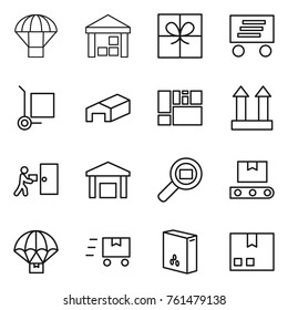 Thin line icon set : parachute, warehouse, gift, delivery, cargo stoller, consolidated, top sign, courier, search, transporter tape, fast deliver, cereals, package