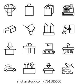 Thin line icon set : parachute, shopping bag, cashbox, warehouse, trolley, cargo top sign, courier delivery, package, hi quality, transporter tape, basket, car baggage, repair tools