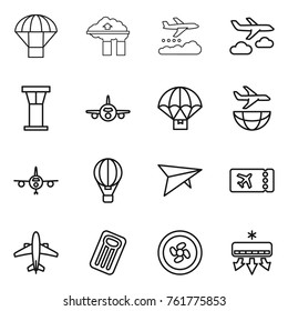 Thin line icon set : parachute, factory filter, weather management, journey, airport tower, plane, delivery, shipping, air ballon, deltaplane, ticket, airplane, inflatable mattress, cooler fan
