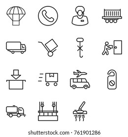 Thin line icon set : parachute, phone, support manager, truck shipping, trolley, do not hook sign, courier delivery, package, fast deliver, transfer, distrub, sweeper, skysrcapers cleaning