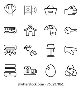 Thin line icon set : parachute, pass card, remove from basket, acid, bus, bungalow, lounger, key, air conditioning, pets, floor lamp, cook glove, double boiler, food processor, egg, recycling