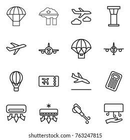 Thin line icon set : parachute, factory filter, journey, airport tower, plane, delivery, air ballon, ticket, arrival, inflatable mattress, conditioning, blower, hand dryer