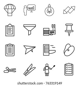 Thin line icon set : parachute, presentation, rocket, up down arrow, clipboard, funnel, mall, pin, deltaplane, hotel, beans, scissors, clothespin, woman with duster, list