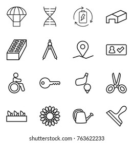 Thin line icon set : parachute, dna, battery charge, warehouse, brick, drawing compasses, geo pin, check in, invalid, key, golf, scissors, seedling, flower, watering can, scraper