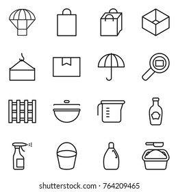 Thin line icon set : parachute, shopping bag, box, loading crane, package, dry cargo, search, pallet, cauldron, measuring cup, ketchup, sprayer, bucket, cleanser, washing powder
