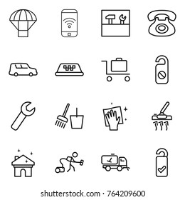 Thin line icon set : parachute, phone wireless, tools, car shipping, taxi, baggage trolley, do not distrub, wrench, bucket and broom, wiping, vacuum cleaner, house cleaning, home call, please clean