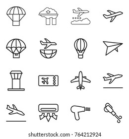 Thin line icon set : parachute, factory filter, weather management, plane, delivery, shipping, air ballon, deltaplane, airport tower, ticket, airplane, departure, arrival, conditioning, hair dryer