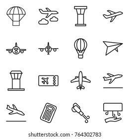 Thin line icon set : parachute, journey, airport tower, plane, air ballon, deltaplane, ticket, airplane, departure, arrival, inflatable mattress, blower, hand dryer