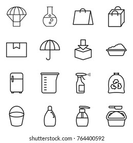 Thin line icon set : parachute, round flask, shopping bag, package box, dry cargo, washing, fridge, measuring cup, sprayer, garbage, bucket, cleanser, liquid soap, powder