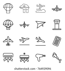 Thin line icon set : parachute, factory filter, weather management, plane, delivery, deltaplane, airport tower, airplane, departure, arrival, inflatable mattress, air conditioning, hair dryer