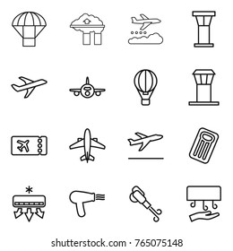 Thin line icon set : parachute, factory filter, weather management, airport tower, plane, air ballon, ticket, airplane, departure, inflatable mattress, conditioning, hair dryer, blower, hand