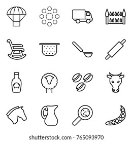 Thin line icon set : parachute, round around, delivery, gothic architecture, rocking chair, colander, ladle, rolling pin, ketchup, sheep, coffee seeds, cow, horse, jug, viruses, peas