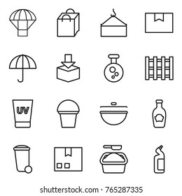 Thin line icon set : parachute, shopping bag, loading crane, package box, dry cargo, chemical, pallet, uv cream, bucket, cauldron, ketchup, trash bin, washing powder, toilet cleanser
