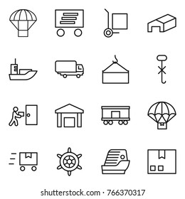 Thin line icon set : parachute, delivery, cargo stoller, warehouse, sea shipping, loading crane, do not hook sign, courier, railroad, fast deliver, handwheel, cruise ship, package