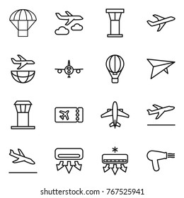 Thin line icon set : parachute, journey, airport tower, plane, shipping, air ballon, deltaplane, ticket, airplane, departure, arrival, conditioning, hair dryer
