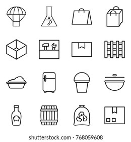 Thin line icon set : parachute, flask, shopping bag, box, tools, package, pallet, washing, fridge, bucket, cauldron, ketchup, barrel, garbage