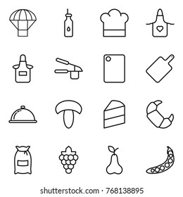 Thin line icon set : parachute, vegetable oil, cook hat, apron, garlic clasp, cutting board, meal cap, mushroom, cake, croissant, flour, grape, pear, peas