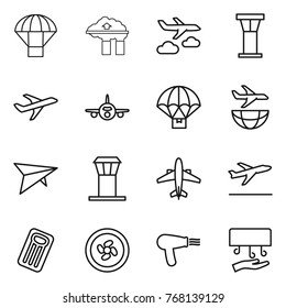 Thin line icon set : parachute, factory filter, journey, airport tower, plane, delivery, shipping, deltaplane, airplane, departure, inflatable mattress, cooler fan, hair dryer, hand